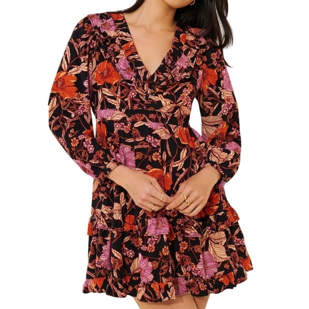 Pilcro Anthropologie Women Black Floral Boho Corduroy Ruffle Tiered Mini Dress S